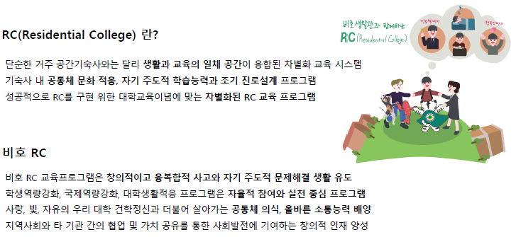 RC(Residential College)란? : 단순한 거주 공간 기숙사와는 달리 생활과 교육의 일체 공간이 융합된 차별화 교육 시스템 기숙사 내 공동체 문화 적용, 자기 주도적 학습능력과 조기 진로설계 프로그램 성공적으로 RC를 구현 위한 대학교육이념에 맞는 차별화된 RC교육 프로그램. 비호RC : 비호 RC 교육프로그램은 창의적이고 융복합적 사고와 자기 주도적 문제해결 생활 유도 학생역량강화, 국제역량강화, 대학생활적응 프로그램은 자율적 참여와 실천 중심 프로그램 사랑, 빛, 자유의 우리 대학 건학정신과 더불어 살아가는 공동체 의식, 올바른 소통능력 배양 지역상회와 타 기관 간의 협업 및 가치 공유를 통한 사회발전에 기여하는 창의적 인재 양성