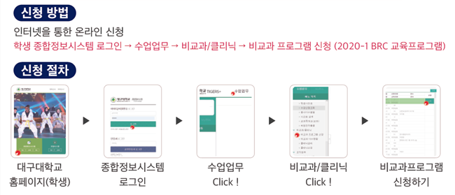1. 신청방법 : 인터넷을 통한 온라인 신청. 학생 종합정보시스템 로그인 → 수업업무 → 비교과/클리닉 → 비교과 프로그램 신청 (2020-1 BRC 교육프로그램) 2. 신청절차 : 대구대학교 홈페이지(학생) → 종합정보시스템 로그인 → 수업업무 클릭 → 비교과/클리닉 클릭 → 비교과프로그램 신청하기 